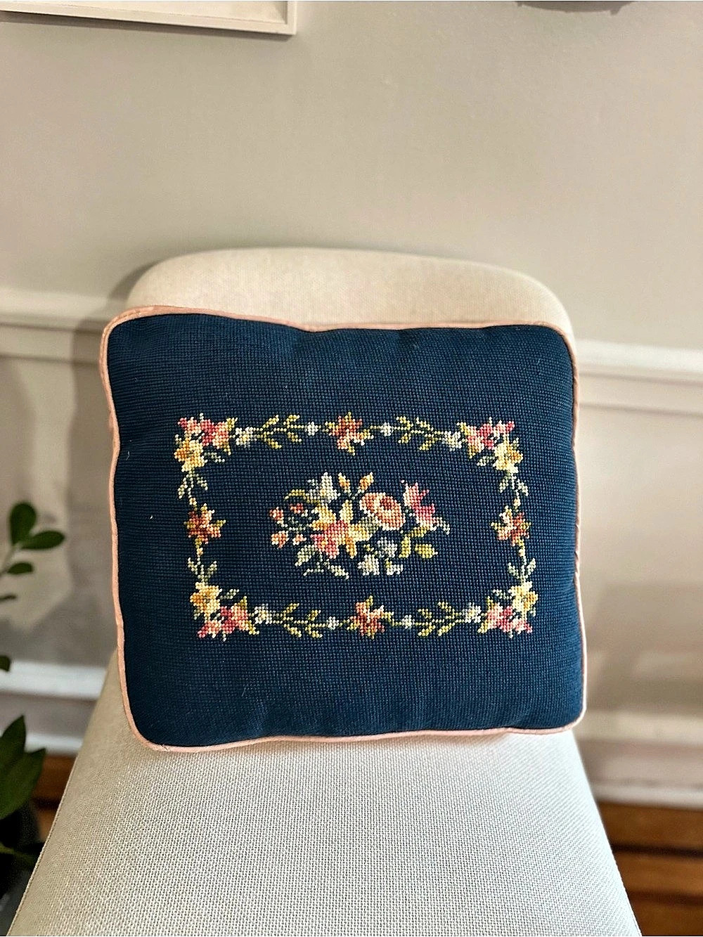Needlepoint Floral Accent Pillow in Blue & Pink